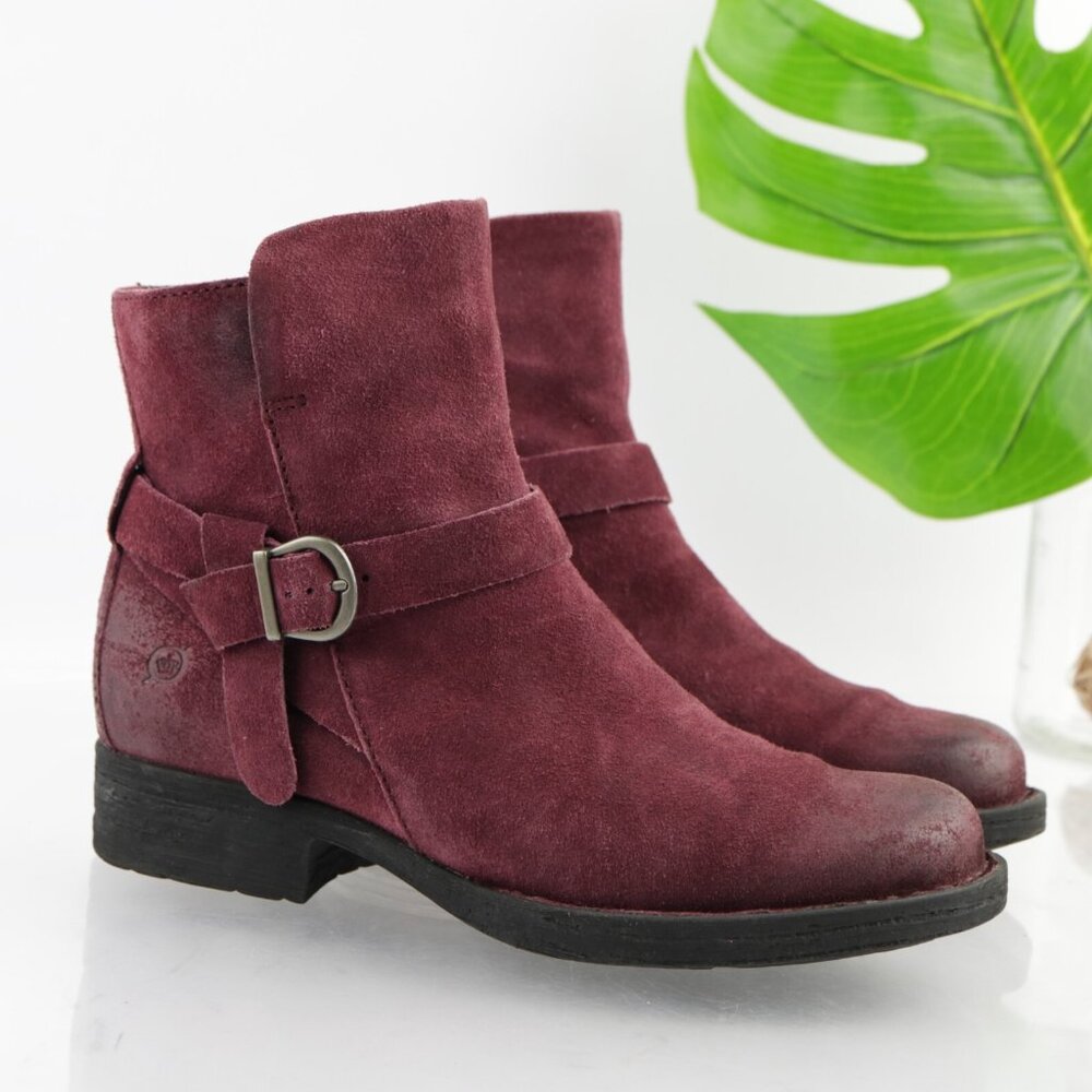 Born Womens Syd Boots Size 8.5 Red Suede Distressed Low Block Heel Moto Booties